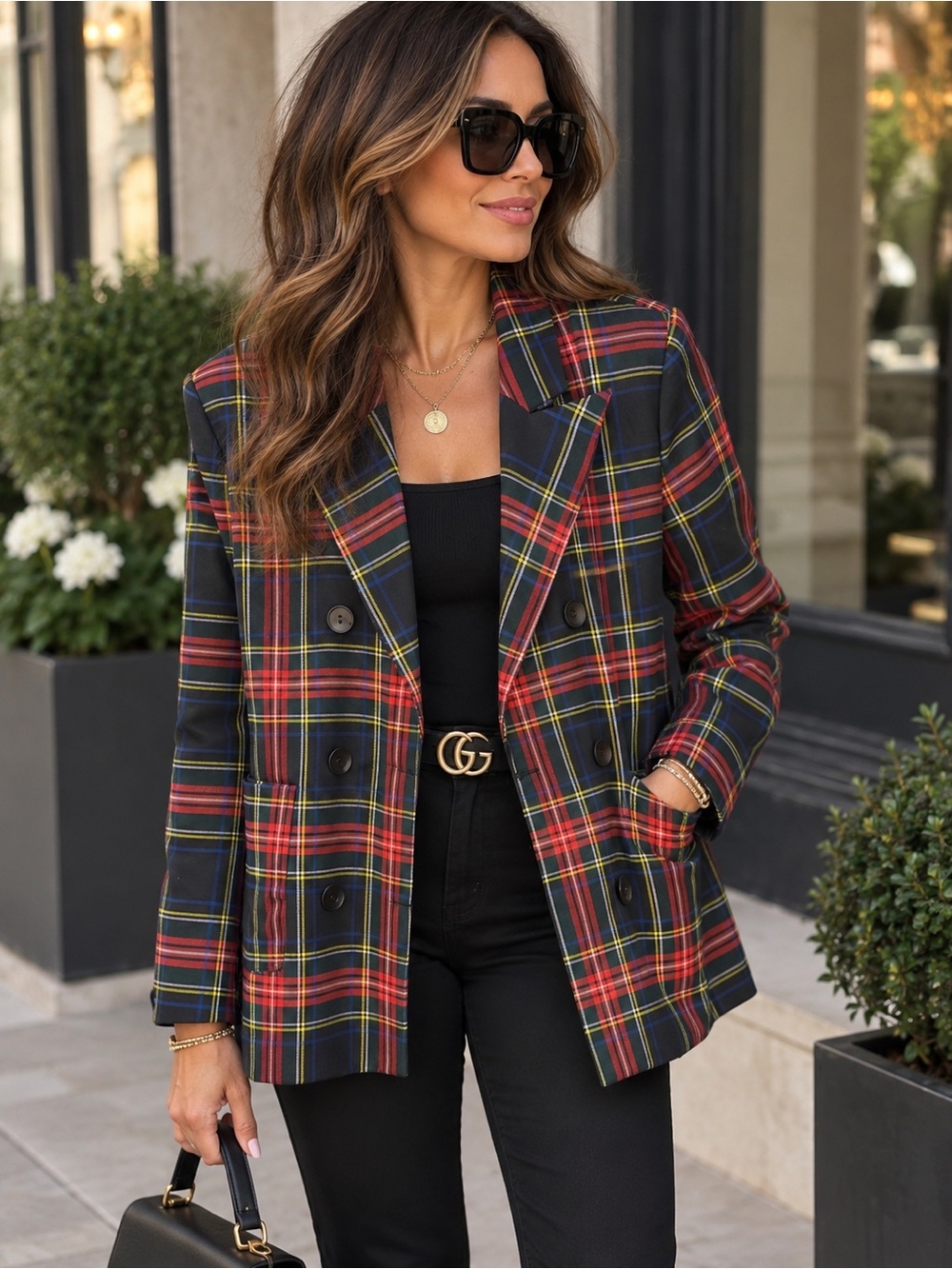 Chic Plaid Double Breasted Blazer Jacket